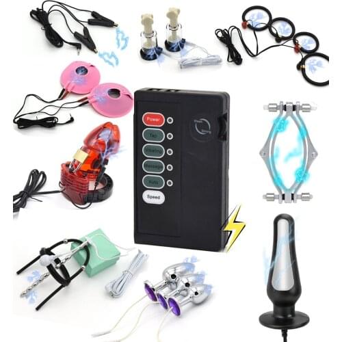 SM Strong Electric Shock Sex Nipple Clamp Labia Clip Electro Stimulate Anal Butt Plug Penis Plug Cock Ring Chastity Cage Sex Toy