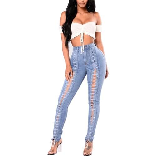 Ladies Jeans Slim Skinny High Waisted Jeggings Stretch Denim Trousers Light Blue Bandage Eyelet Jeans