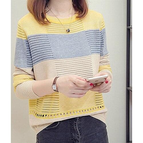 Spring Autumn Cotton Womens Sweater Round Collar Long Sleeve Pullover Knitted Striped Loose Fashion Casual Sweater