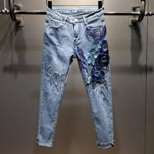 2021 Spring Summer Jeans Womens New Heavy Craft Beaded Crystal Slim Slimming Korean Pencil Pants Trend High Waisted Jeans