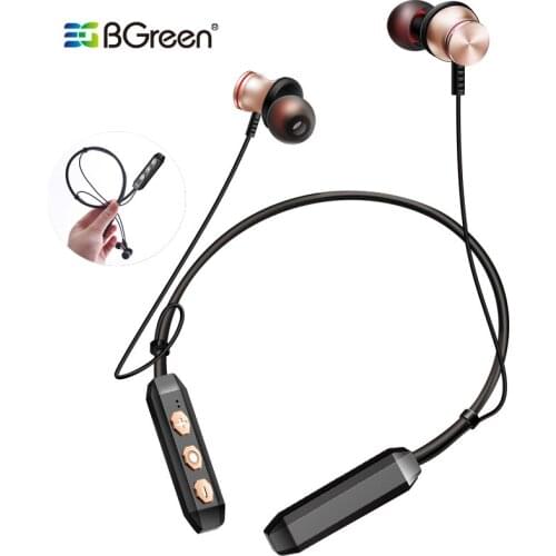 BGreen Bluetooth Sports Earphones Wireless Stereo Sport Running Soft Neckband Headset With Mic Hands Free Call Magnet Attraction