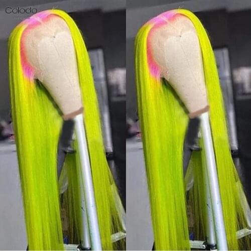 COLODO Pink Green Ombre Lace Front Wig Blue Colored Human Hair Wigs For Women Pre-Plucked Transparent Straight Human Hair Wig