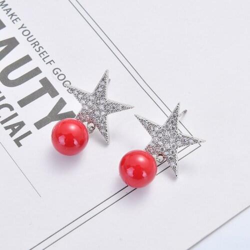 Zhijia Elegant Earrings for Women Classic Sliver Color Star & Red Bead Stud Earrings Party Jewelry Gifts