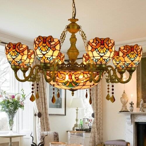 European-Style Retro Creative Tiffany Colored Glass Baroque Style Bar Club Multi-Head Crystal Remote Control Chandelier