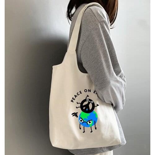 Harajuku Funny Tote Bag Women Cartoon Canvas Bags Earth Environmental Promotion Casual Shoulder Bag Foldable Shopping Bags