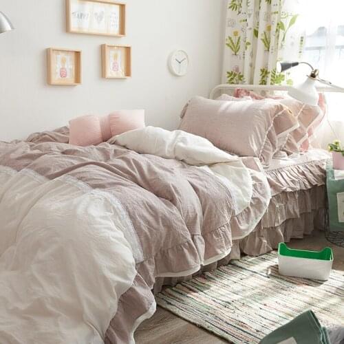 GY Fresh Washed Cotton Ruffled Cotton Bed Skirt Solid Color Double Linen Minimalist Princess Style Bedspread Four-Piece Set