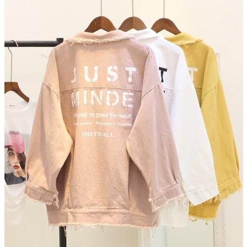 NEW Letter Print Boyfriend Jeans Jacket for Women Girl Candy Color Denim Cotton Jacket Lady Coat Loose Hole Chaqueta Mujer