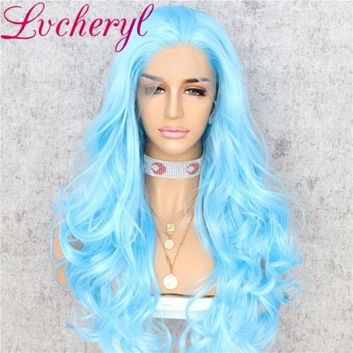 Lvcheryl Big Wave Long Synthetic Lace-front-wigs Heat Resistant Peluca Light Blue Color Hair Women with Free-part Cosplay Party