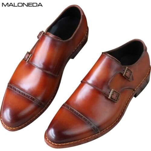 MALONEDA Handmade Goodyear Men Dress Shoes Vintage Fashion Genuine Leather Double Monk Buckle Strap Shoes Wedding Formal