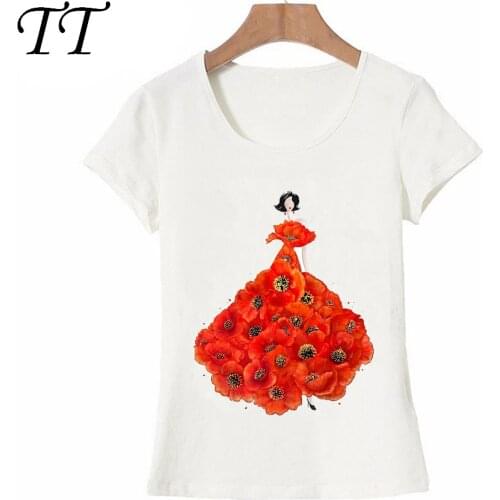 Fashion Cherry poppy Flowers Female Art T-Shirt Summer Hipster Women T Shirts Casual Tops Cute maiden Tees Girl Punk Shirts