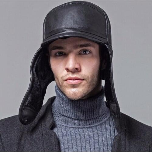 Spring/Winter Hats For Men Women Genuine Leather Warm Hat Aviator Cap With Ear Flaps Russian Caps Earflaps Plush Dad Hat
