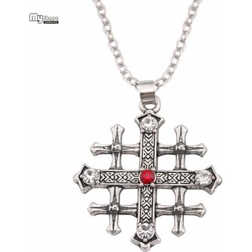 My Shape Jerusalem Cross Medieval Necklace Red Crystal Pendant Choker Christian Vintage Statement Necklaces