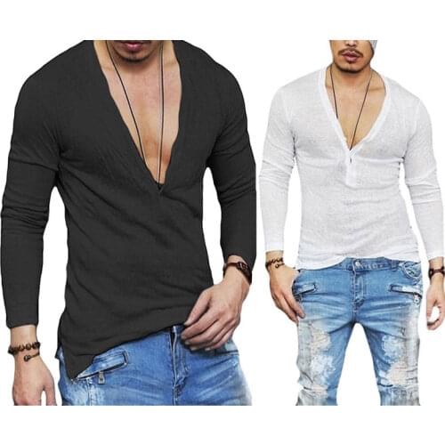 US Mens Sexy Deep V Neck Solid T-Shirt Casual Slim Fit Long Sleeve Pure Color Top With Buttons Skin-Friendly / Comfortable S-2XL