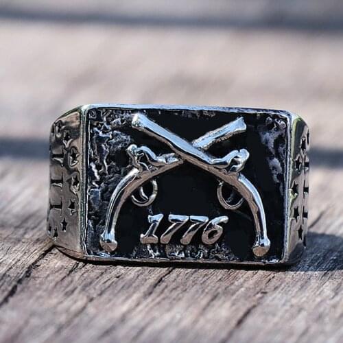 Vintage 1776 Independence Day Ring Heavy Sugar Stainless Steel Cowboy Men Rings Double Guns Punk Gothic Ring Mens Biker Jewelry