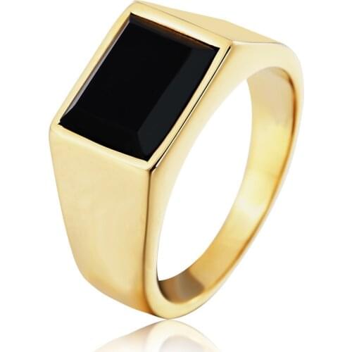 Vintage Fashion Gold/silver Color stainless steel Big Black Stone Square Men RinG Engraved Male Rings