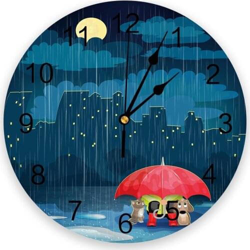 Night City Moon Rain Cartoon Animal Umbrella Wall Clock Modern Design Hanging Watch for Home Decoration Living Room Wall Art