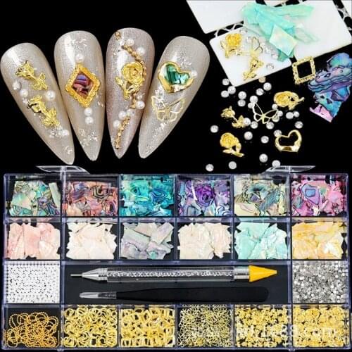 Q1QD 21 Grids Nail Diamond Set Multi Shapes Metal Glass Crystal Jewels Seashell for Nails Art Decor with Wax Pencil Tweezer