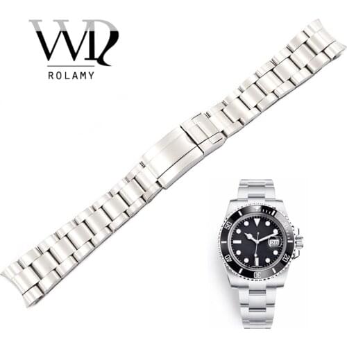 Rolamy 20 21mm Watch Band Stainless Steel Solid Curved End Screw Links Wrist Bracelet For Rolex Submariner Oyster Datejust