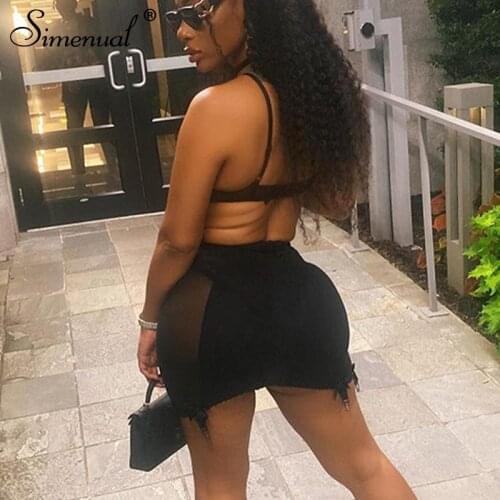 Simenual Mesh Patchwork Bodycon Mini Skirts Women Sexy Fashion 2021 Midnight Clubwear Solid Black Party Skirt One Piece Clothes