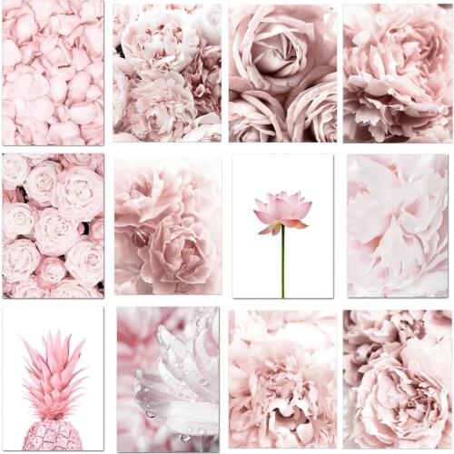 Modern Blooming Flower Pink Wall Art Canvas Girl Bedroom Decoration Pictures Paintings Living Room Decoration Poster Nordic