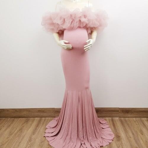 Photo Shoot Stretch Maxi Long Floral Tulle Boob Tube Maternity Dress Pregnant Cotton Gown Woman Photography Prop Baby Shower