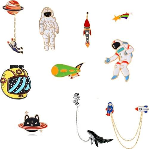Escape from the earth ! UFO Space Craft Astronaut Rocket Planet Spaceman Universe Stars Hard Enamel Brooches Pin For Xmas Gift