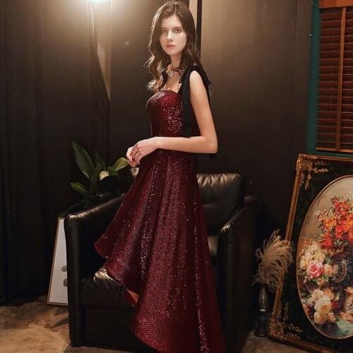 Wine Red Cocktail Dress High Low Spaghetti Straps Sequined Wedding Party Gown Saudi Arabic Sexy Long Backless Graduation Dresses