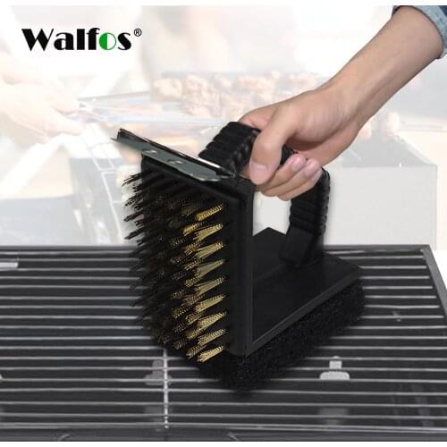 Walfos 1PC Cleaner Triple Barbecue Grill Brush Copper Steel Cleaning Brushes Barbecue BBQ Cleaning Brushes BBQ Accessories