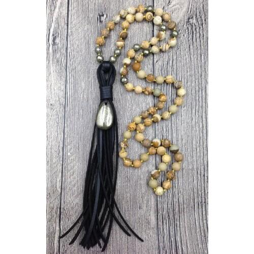 YA2532 Natural Pyrite Teardrop Pendant Leather Tassel Picture Stone Beads Knot Handmade Necklace