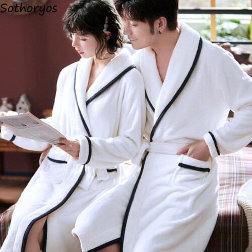 Women Robes Thicken Flannel Print Couple with Sashes Home Soft Warm Females Leisure Chic Bathrobes Lounge Kimono Simple Fashion