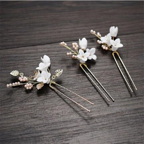 Women Ceramic FlowerHeadpieces Wedding Hair Jewelry Accessories Crystal Pearls Hair Forks for Bridal Hairstyle dropship
