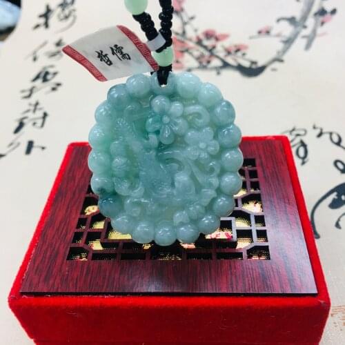 Zheru pure natural Jadeite carved light green two-color plum magpie pendant with green bead chain sweater chain Send A certifica