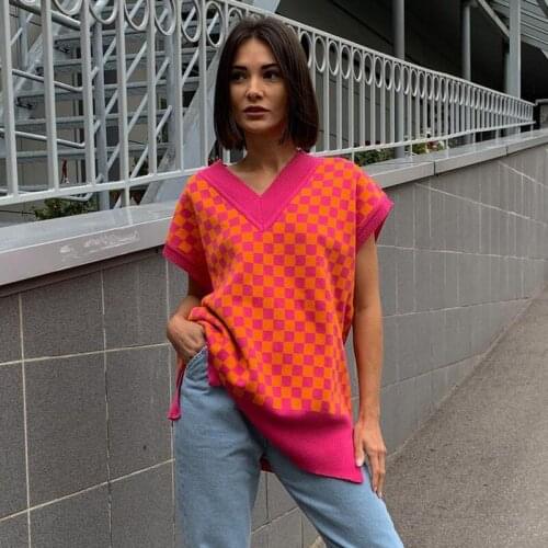 Streetwear Plaid Knitting Sweaters Vest Autumn Winter Green V Neck Sleeveless Soft Sweater Jumper Women Pullover Top Outerwear