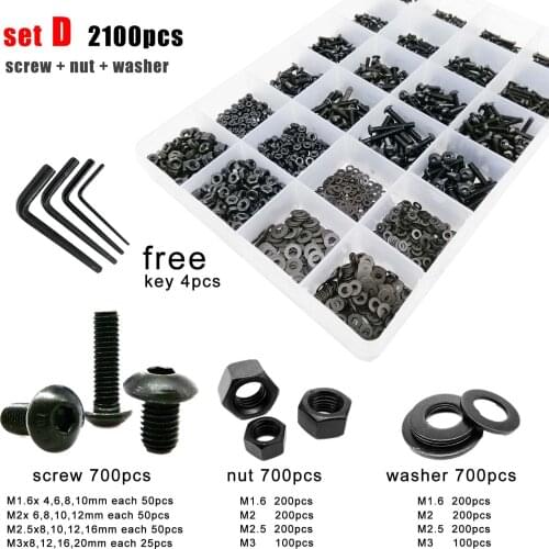 400/2100X M1.6 M2 M2.5 M3 M4 M5 Black Grade 10.9 Steel Hexagon Hex Socket Button Round Head Screw Bolt Nut Washer Assortment Kit