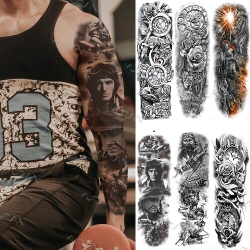 Fighting Soldier Full Sleeve Temporary Tattoos For Women Men Samurai Lion Tatoos Sticker Fake Black Arm Clock Tattoo Realistic