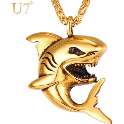 U7 Big Shark Pendant Necklace Men Stainless Steel Jewelry Rock Punk Gold/Black Ocean Sea Animal Necklaces Fathers Gifts P1116