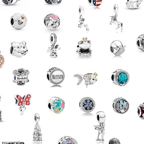 Real 925 Sterling Silver Trinket Bow Charms Necklace Dumbo Unicorn Beads Fit Original Bracelet For Women Bangle Jewelry DIY