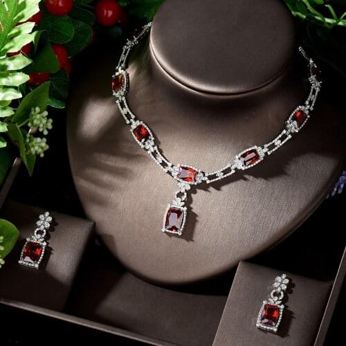 HIBRIDE Elegant Square Blue Cubic Zirconia Dangle Drop Earrings Pendant Necklace Ladies Costume Jewelry Sets Bijoux Femme N-1247