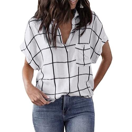 Summer Plaid T shirts For Women Summer Short Sleeve Printing Tops Prints Loose Casual Plaid Pocket V-neck Shirts Blusas Mujer