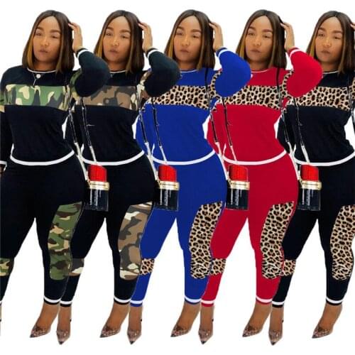 2 piece set women tracksuit autumn clothes leopard camouflage splicing sets sweatshirt top and pants suit female sporty outfits