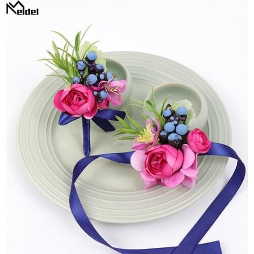 Meldel Wedding Purple Groomsmen Boutonniere Artificial Silk Rose Flower Lavender Berries Bride Wrist Corsage Wedding Boutonniere