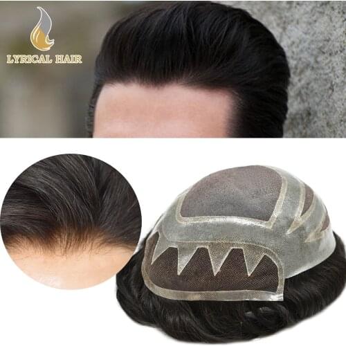 Men Wigs French Lace with Zigzag Front Hair System Fine Mono Mens Toupee Poly PU Hairpiece Natural Black Remy Hair Replacement