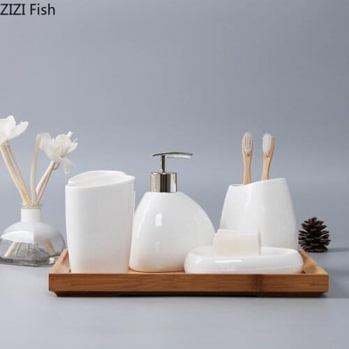 White Ceramic Bathroom Supplies Lotion Bottle Cotton Swab Box Toothbrush Holder 4 Piece Set Home Bathroom Kit