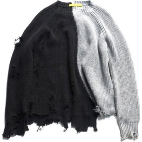 Men autumn vintage ripped destroyed hole patchwork knitted sweater japan style streetwear women couple casual knitwear jumper