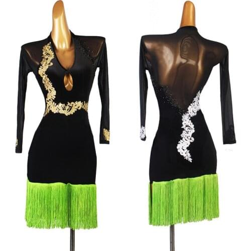 New Latin Dance Dress Women Adult/Kids Long Sleeve Rhinestone Fringe Clothes Rumba Tango Practice Clothes Samba Outfits DQL5766