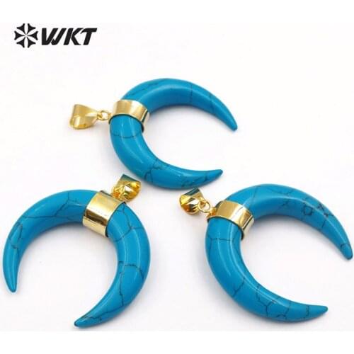 WT-P824 Wholesale blue stone charm horn pendant 10pcs raw stone pendant in gold color jewelry
