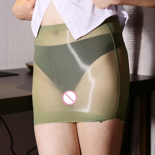 Sexy Women Lace Oil Shiny Skirt Gloosy OL MINI Skirt Sheer Smooth Tight Pencil kirt See Through Hip Micro Mini Skirt Double USe
