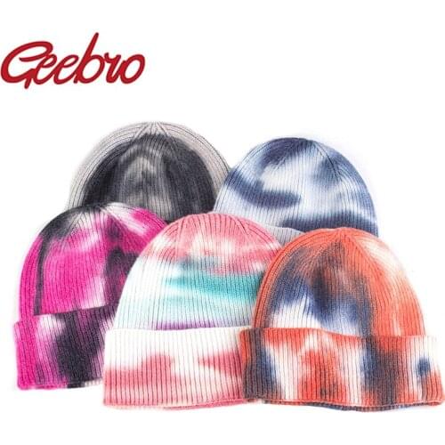 Geebro Fashion Beanie For Autumn Winter Rainbow Color Tie-Dye Ribbed Knitted Hat Soft Cuffed Melon Cap Men Women Elastic Beanie