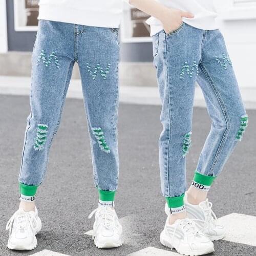 Children Jeans Girls Long Pants For Spring Autumn Ripped Design Cowboy Pants Kids Clothes 3-12 Years Baby Girl Jeans Trousers