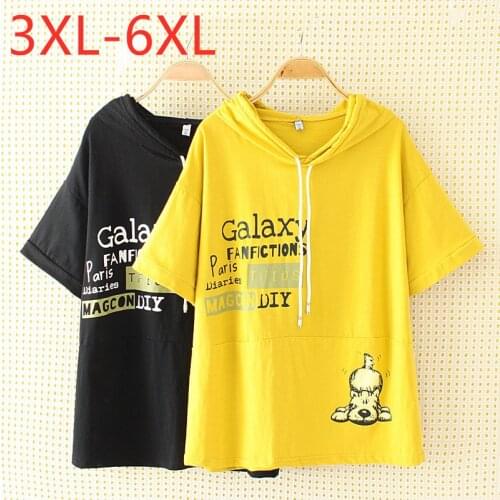 New 2021 Ladies Summer Plus Size Hoodie Tops For Women Large Short Sleeve Loose Cotton Yellow Print T-Shirt 3XL 4XL 5XL 6XL